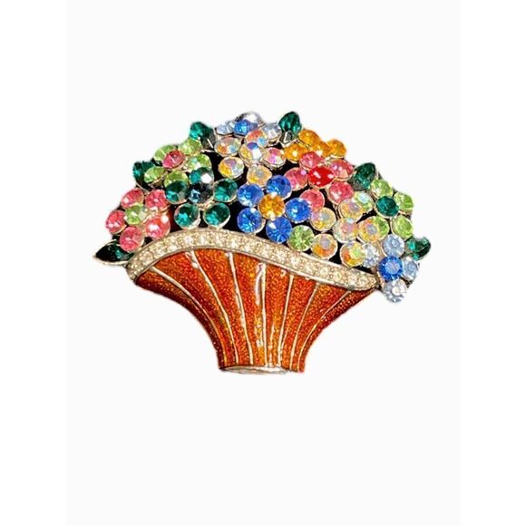 Silver Tone Flower Bouquet Colorful Rhinestone Enamel Basket Brooch Pin - Picture 3 of 4